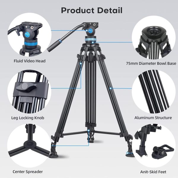 SIRUI AM-25S Video Tripod, 74.8" Professional Heavy Duty Tripod with Adjustable Damping Fluid Head for Camcorder, Cameras, DSLR, 360° Pan & +90°/-75° Tilt, Quick Release Plate, Max Load 22.0lb - Image 2