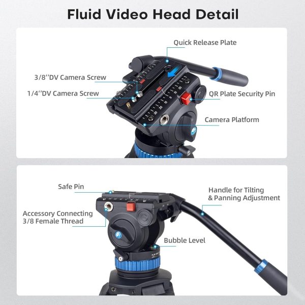 SIRUI AM-25S Video Tripod, 74.8" Professional Heavy Duty Tripod with Adjustable Damping Fluid Head for Camcorder, Cameras, DSLR, 360° Pan & +90°/-75° Tilt, Quick Release Plate, Max Load 22.0lb - Image 3