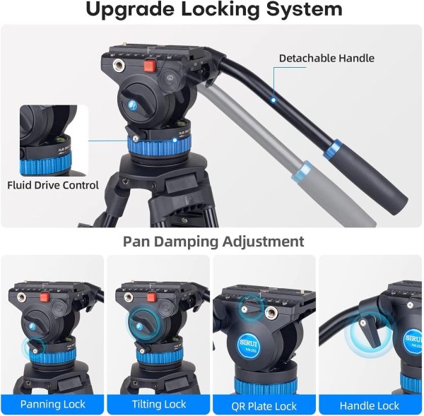 SIRUI AM-25S Video Tripod, 74.8" Professional Heavy Duty Tripod with Adjustable Damping Fluid Head for Camcorder, Cameras, DSLR, 360° Pan & +90°/-75° Tilt, Quick Release Plate, Max Load 22.0lb - Image 5
