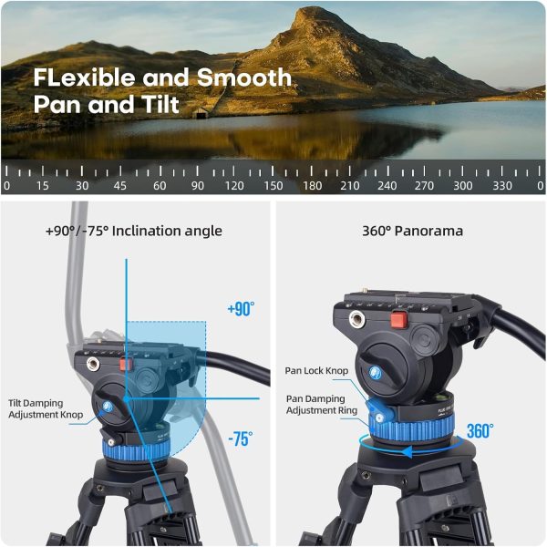 SIRUI AM-25S Video Tripod, 74.8" Professional Heavy Duty Tripod with Adjustable Damping Fluid Head for Camcorder, Cameras, DSLR, 360° Pan & +90°/-75° Tilt, Quick Release Plate, Max Load 22.0lb - Image 7