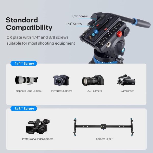 SIRUI AM-25S Video Tripod, 74.8" Professional Heavy Duty Tripod with Adjustable Damping Fluid Head for Camcorder, Cameras, DSLR, 360° Pan & +90°/-75° Tilt, Quick Release Plate, Max Load 22.0lb - Image 8