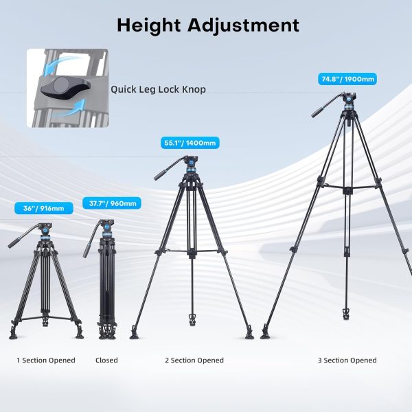 SIRUI AM-25S Video Tripod, 74.8" Professional Heavy Duty Tripod with Adjustable Damping Fluid Head for Camcorder, Cameras, DSLR, 360° Pan & +90°/-75° Tilt, Quick Release Plate, Max Load 22.0lb - Image 9