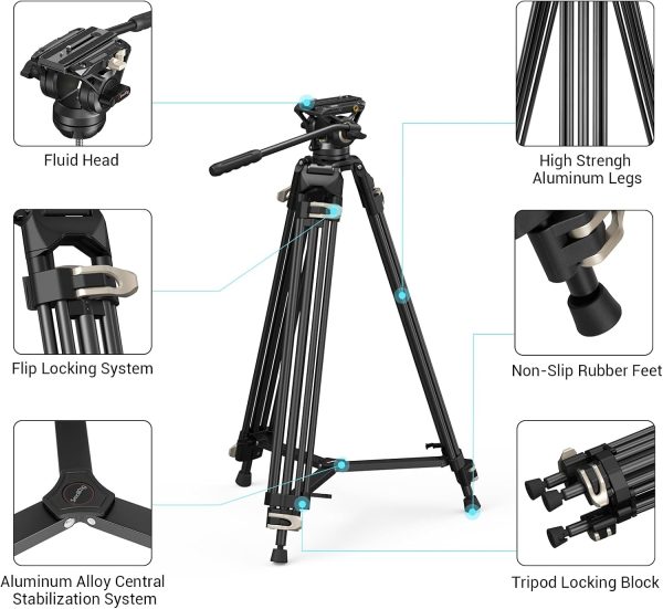 SmallRig AD-01 Video Tripod, 73" Heavy Duty Tripod with 360 Degree Fluid Head and Quick Release Plate for DSLR, Camcorder, Cameras 3751 - Image 2