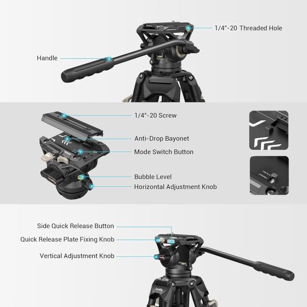 SmallRig AD-01 Video Tripod, 73" Heavy Duty Tripod with 360 Degree Fluid Head and Quick Release Plate for DSLR, Camcorder, Cameras 3751 - Image 3