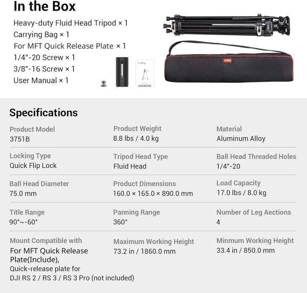 SmallRig AD-01 Video Tripod, 73" Heavy Duty Tripod with 360 Degree Fluid Head and Quick Release Plate for DSLR, Camcorder, Cameras 3751 - Image 8